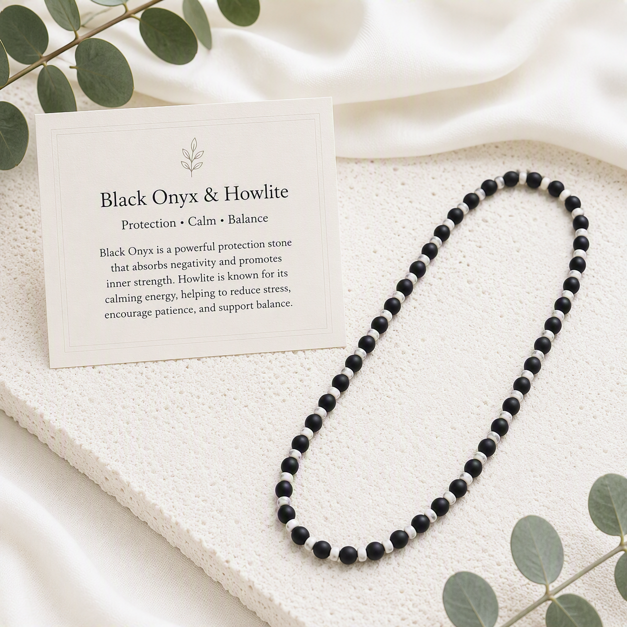 Black Onyx Matte, White Howlite Heishi Stretch Beaded Necklace - Strength, Balance,  Modern Style
