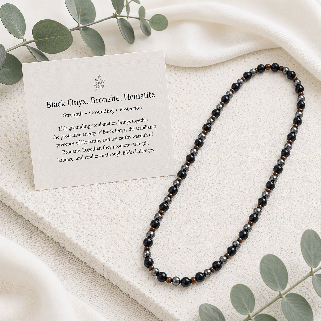 Black Onyx 6mm, Bronzite 4mm, Hematite 6mm Stretch Bracelet - Strength, Confidence, Grounding