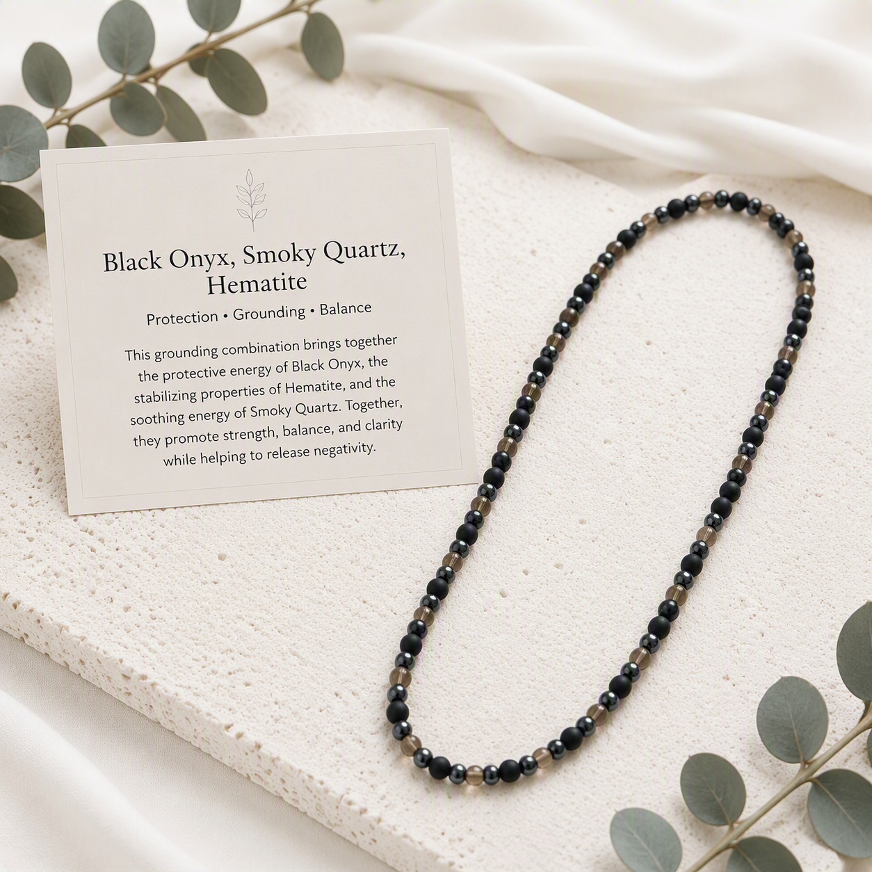 Black Onyx Matte, Hematite, Smoky Quartz Stretch Beaded Necklace 6mm - Strength, Grounding, Protection, Handmade