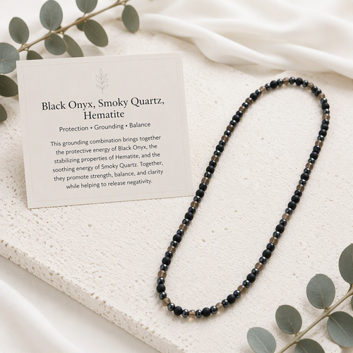 Black Onyx Matte, Hematite, Smoky Quartz Stretch Necklace • 6mm Natural Gemstones • Strength, Grounding, Protection