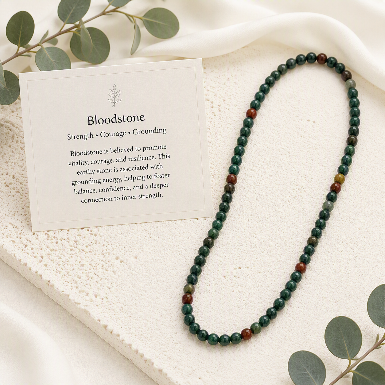 Bloodstone 6mm Stretch Beaded Necklace - Courage, Strength, Grounding, Vitality, Handmade