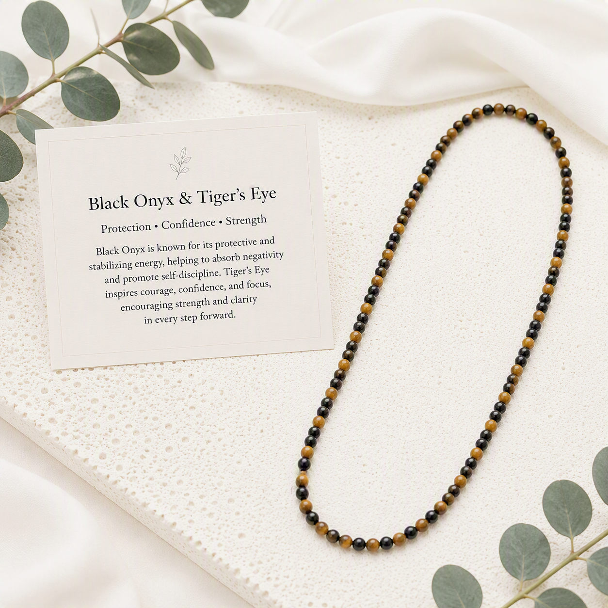 Black Onyx, Tiger's Eye 6mm Stretch Beaded Necklace - Confidence, Strength, Success, Handmade
