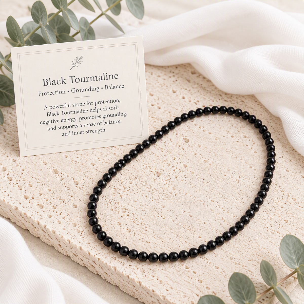 Black Tourmaline Beaded Stretch Necklace, Natural Gemstone, Protection Stone, Grounding Crystal, Spiritual Jewelry, Stretch Necklace