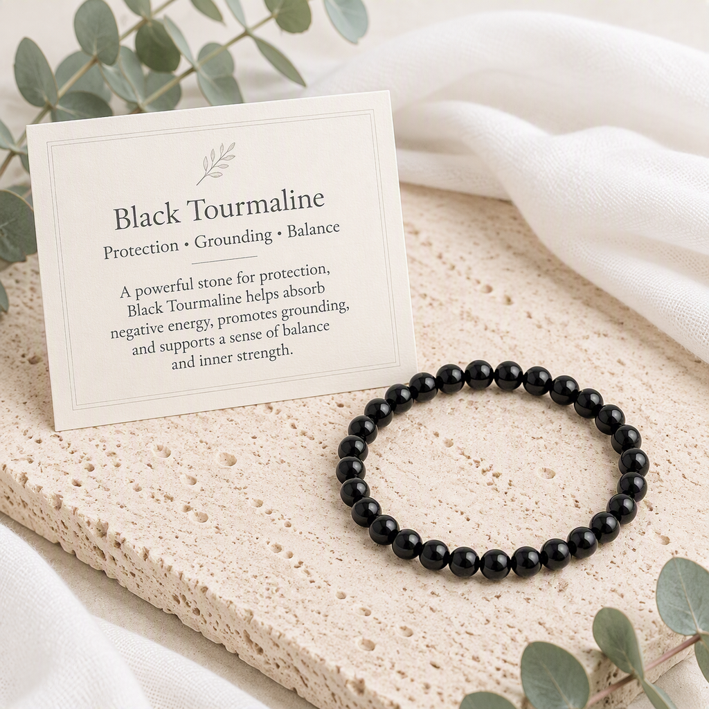 Black Tourmaline Beaded Stretch Bracelet, 6mm Gemstone, Protection Crystal, Root Chakra Jewelry