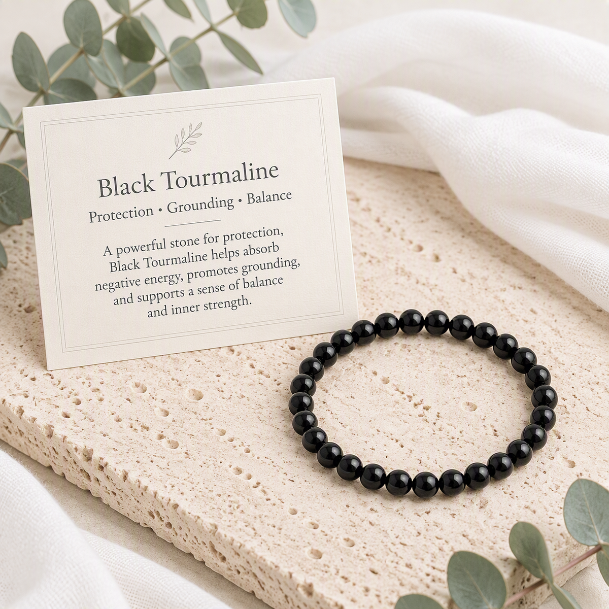 Black Tourmaline Beaded Stretch Bracelet, 6mm Gemstone, Protection Crystal, Root Chakra Jewelry