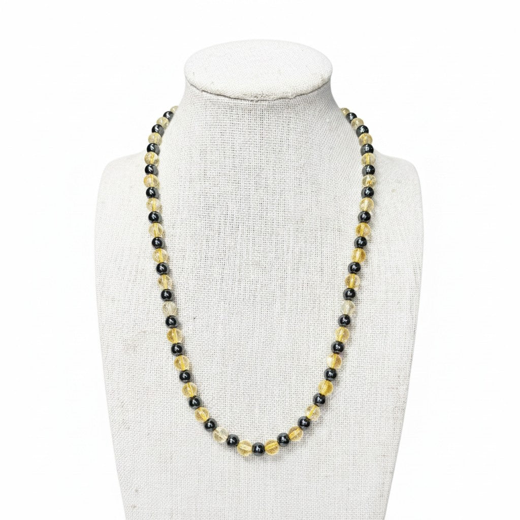 Citrine + Hematite Beaded Stretch Necklace 6mm | Joy Abundance Positivity, Healing Crystal Jewelry, Gift for Her