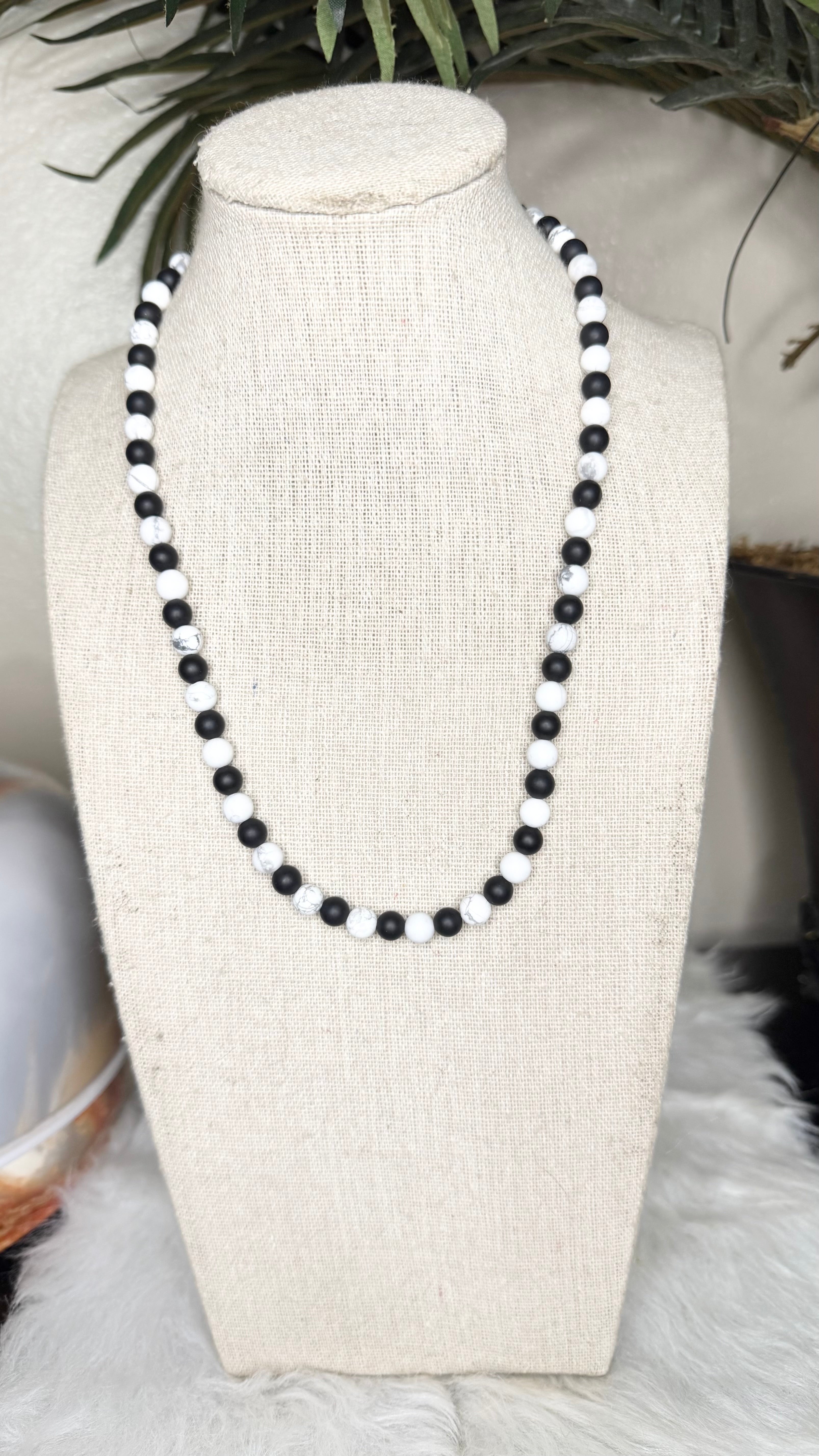 Matte Black Onyx, Matte White Howlite Beaded Stretch Necklace– 6mm | Made to Order