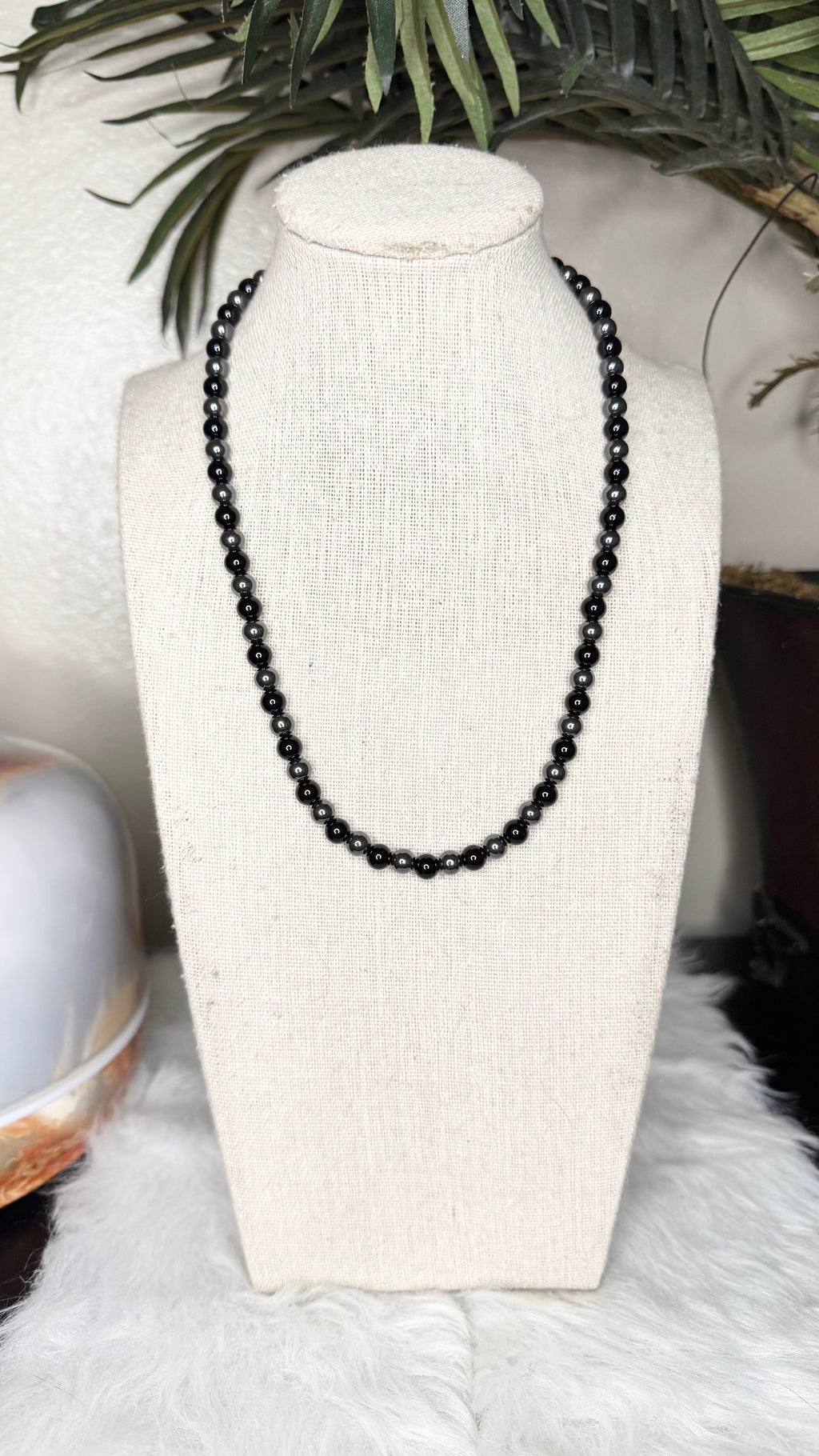 Black Onyx, Hematite Beaded Stretch Necklace – 6mm | Made to Order