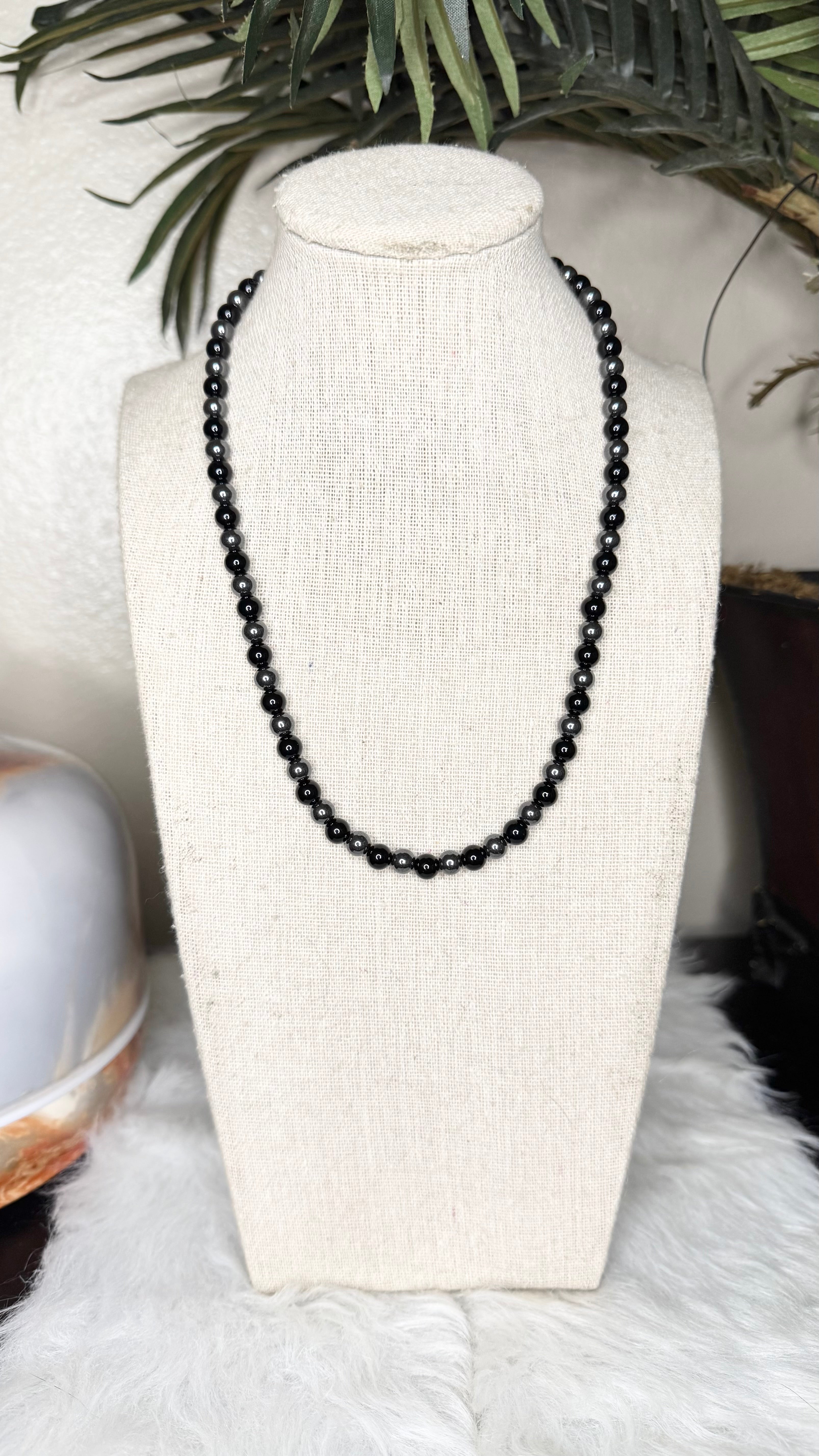 Black Onyx, Hematite Beaded Stretch Necklace – 6mm | Made to Order