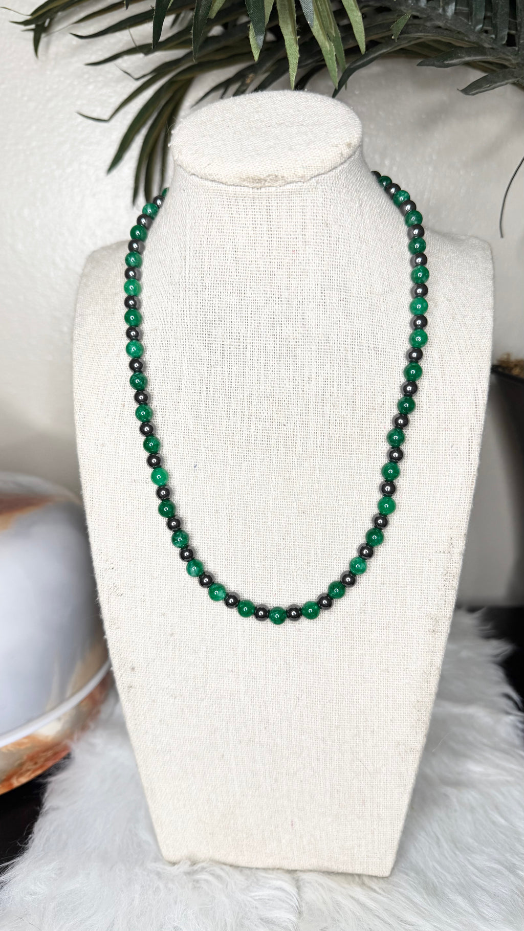 Hematite, Emerald Green Quartz Beaded Stretch Necklace – 6mm | Made to Order