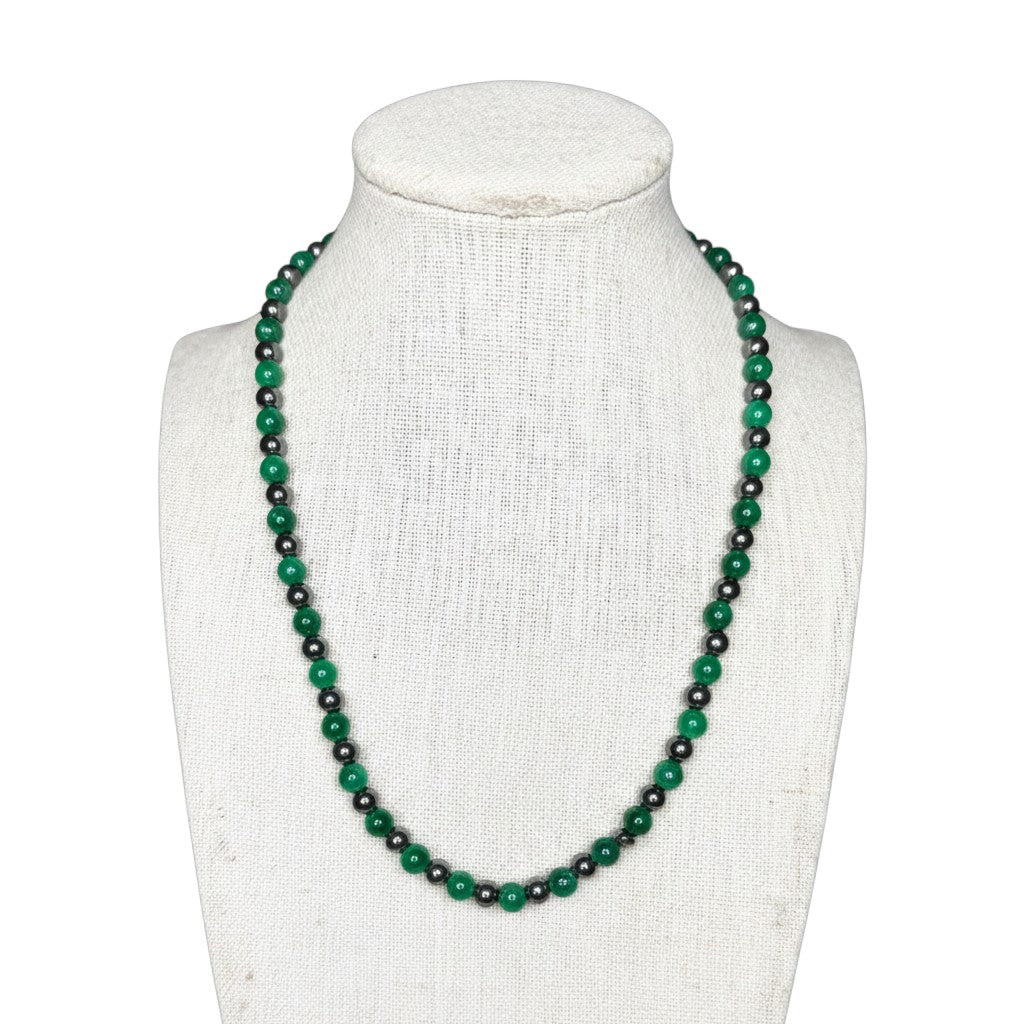 Emerald Green Quartz + Hematite Beaded Stretch Necklace 6mm | Renewal Calm Growth, Healing Crystal Jewelry, Gift for Her