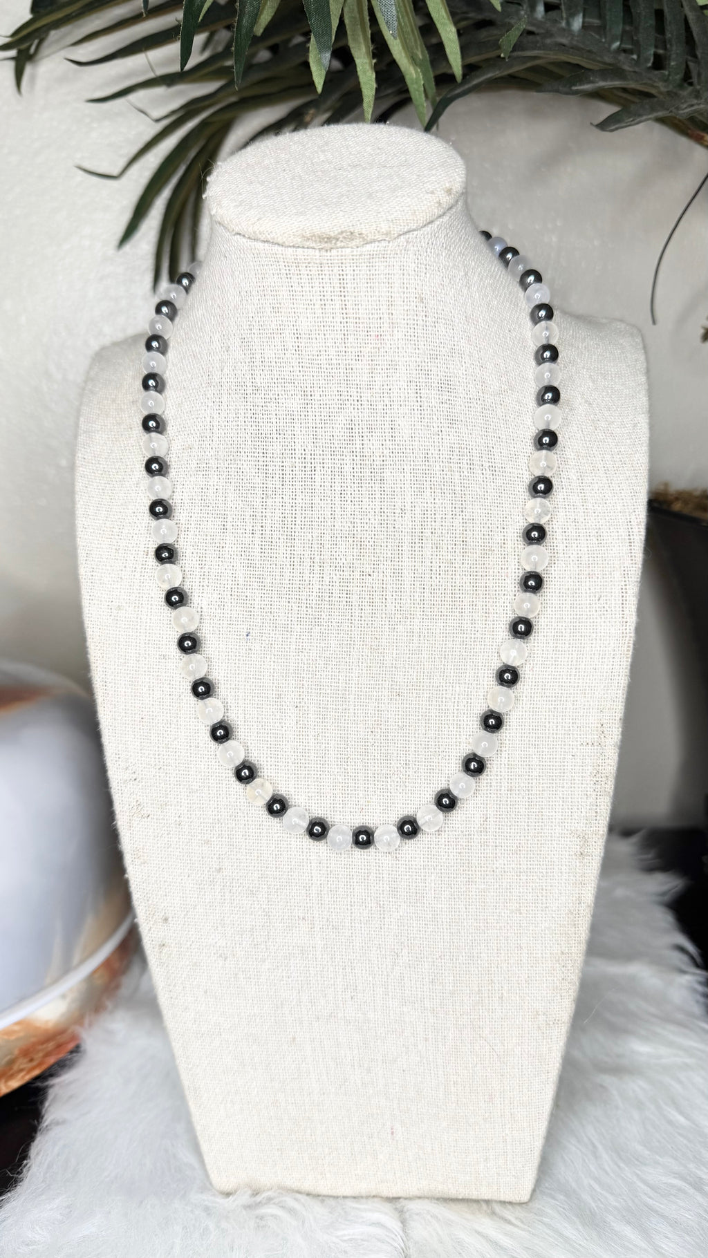 Moonstone, Hematite Beaded Stretch Necklace– 6mm | Made to Order