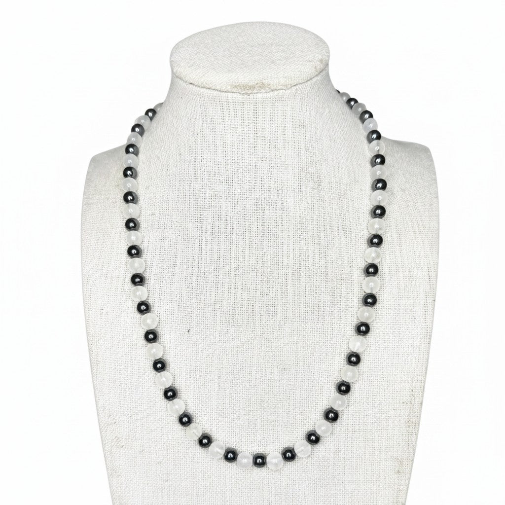 Hematite and moonstone beaded stretch necklace on mannequin