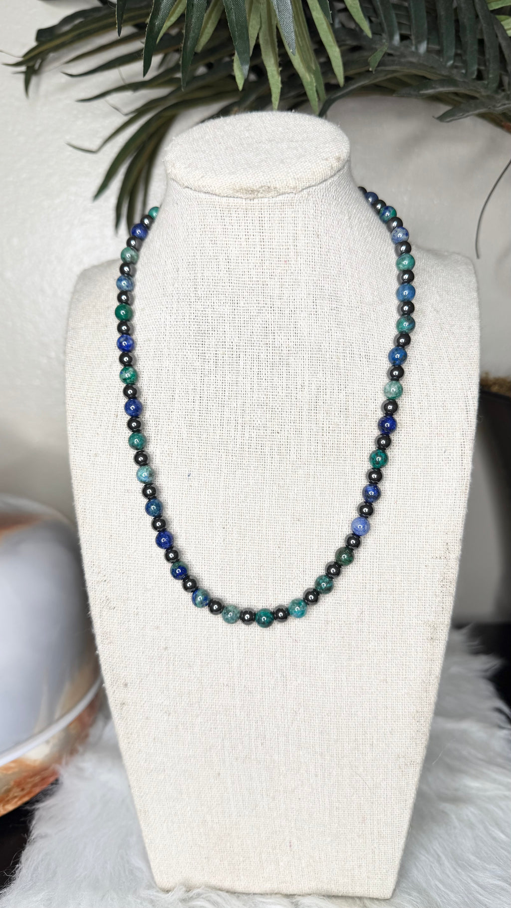 Azurite, Hematite Beaded Stretch Necklace– 6mm | Made to Order