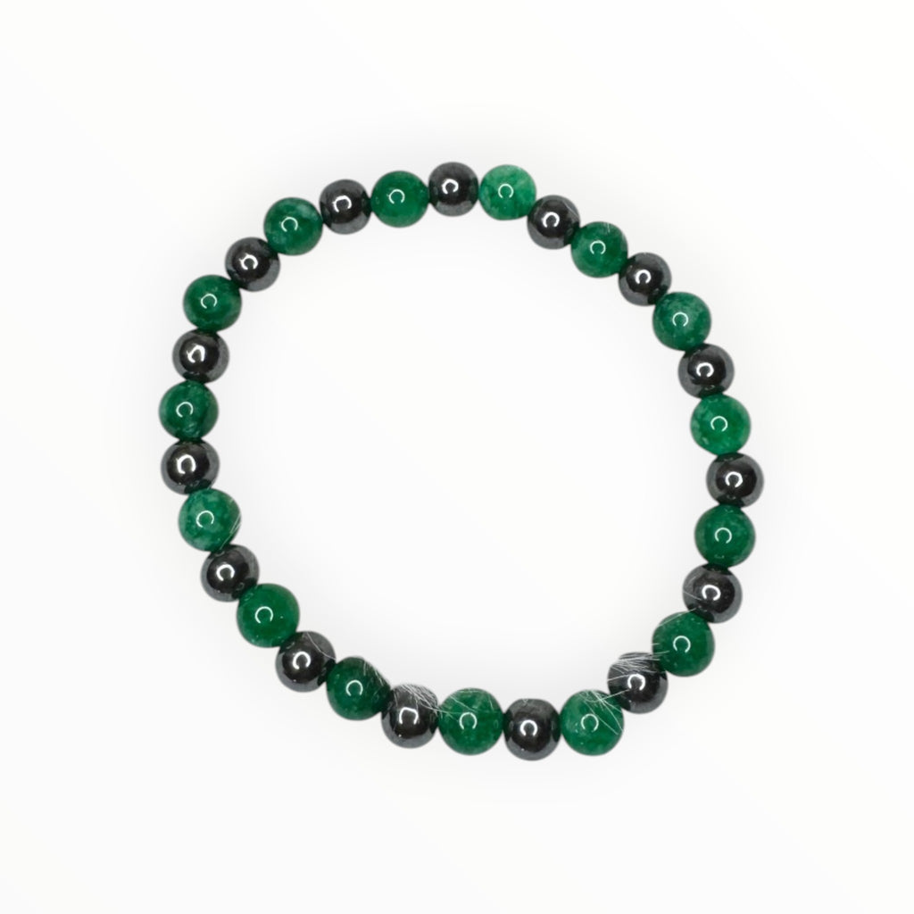 Emerald Green Quartz + Hematite Beaded Stretch Bracelet 6mm | Renewal Calm Growth, Healing Crystal Jewelry, Gift for Her