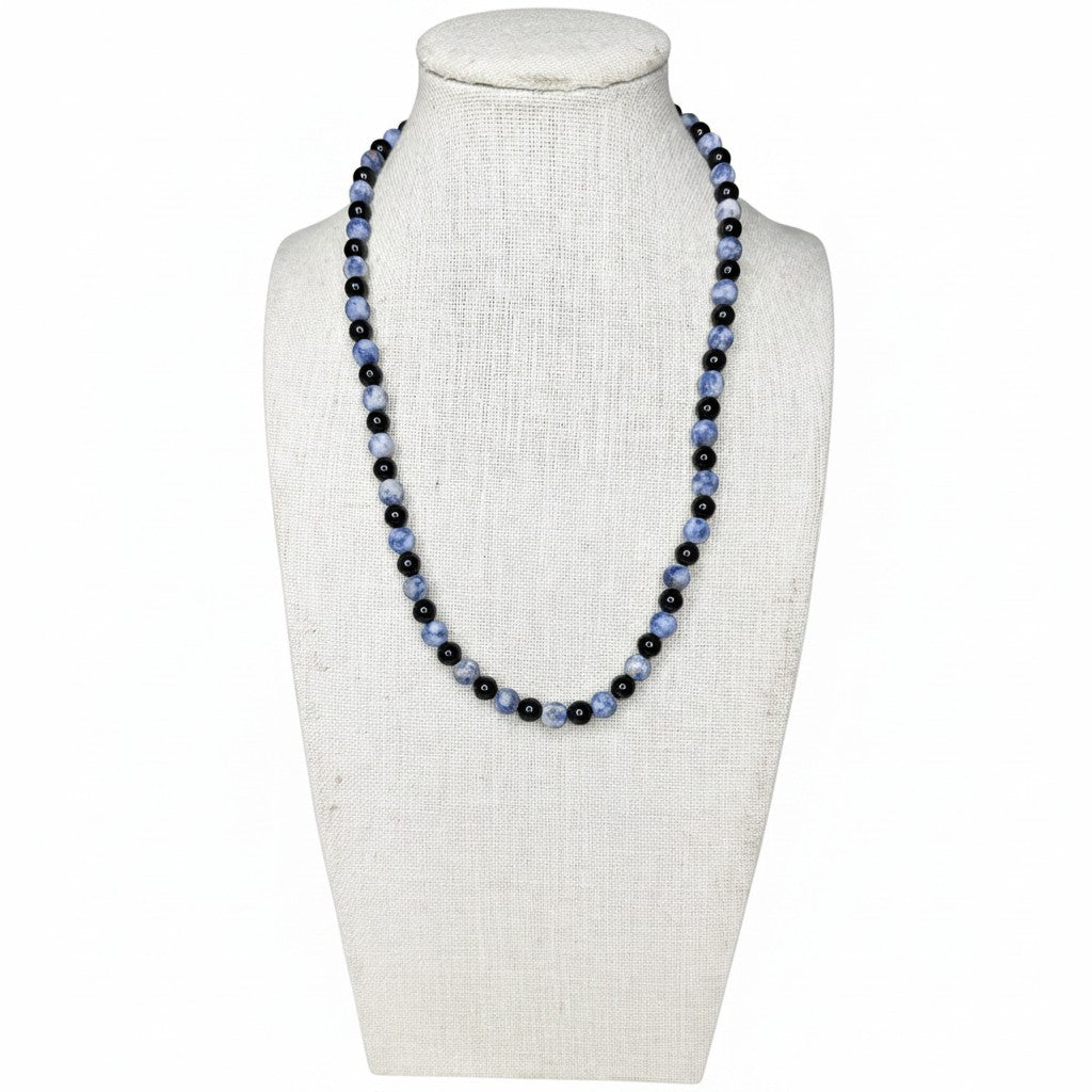 Matte Sodalite + Black Onyx Beaded Stretch Necklace 6mm | Intuition Calm Clarity, Healing Crystal Jewelry, Gift for Her