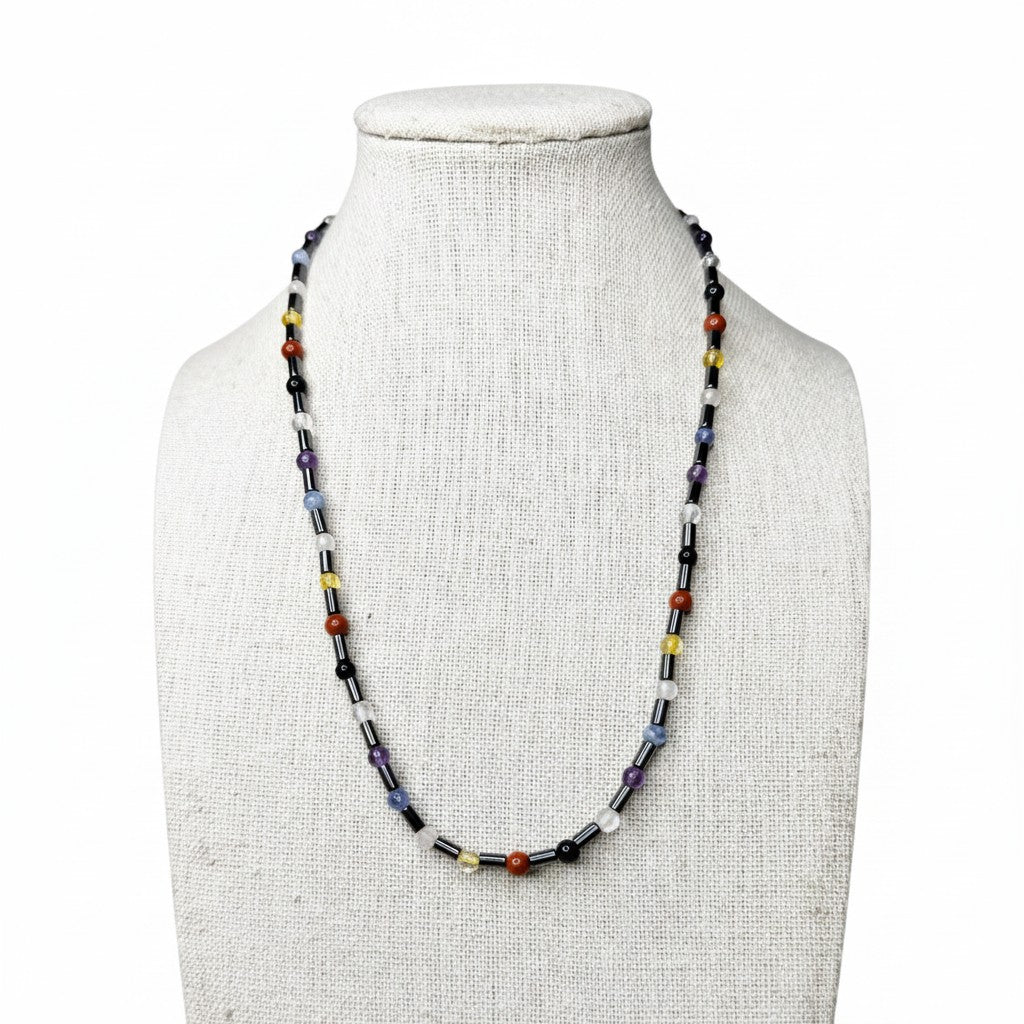 Tiny 7 Chakra + Hematite Beaded Stretch Necklace 4mm | Balance Healing Energy, Healing Crystal Jewelry, Gift for Her