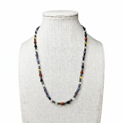 7 chakra beaded stretch necklace with black & silver-tone beads, multicolor accents