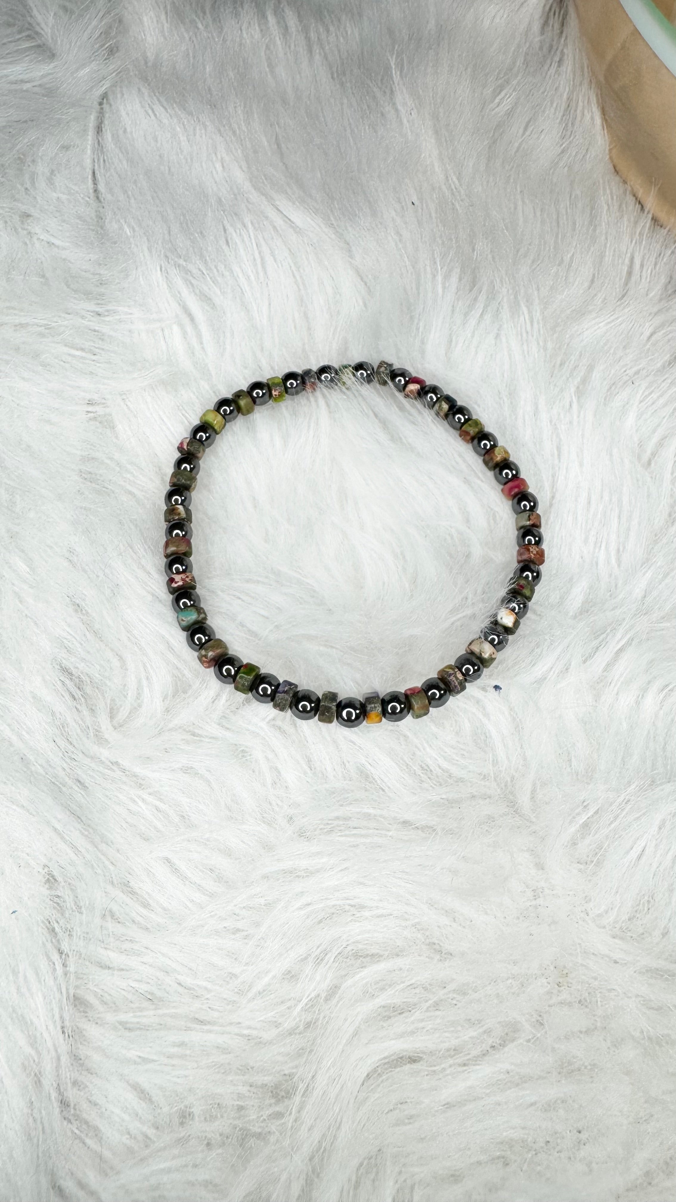 Hematite, Heishi Mardi Gras Imperial Jasper Beaded Stretch Bracelet - Tiny, Dainty – 4mm | Made to Order
