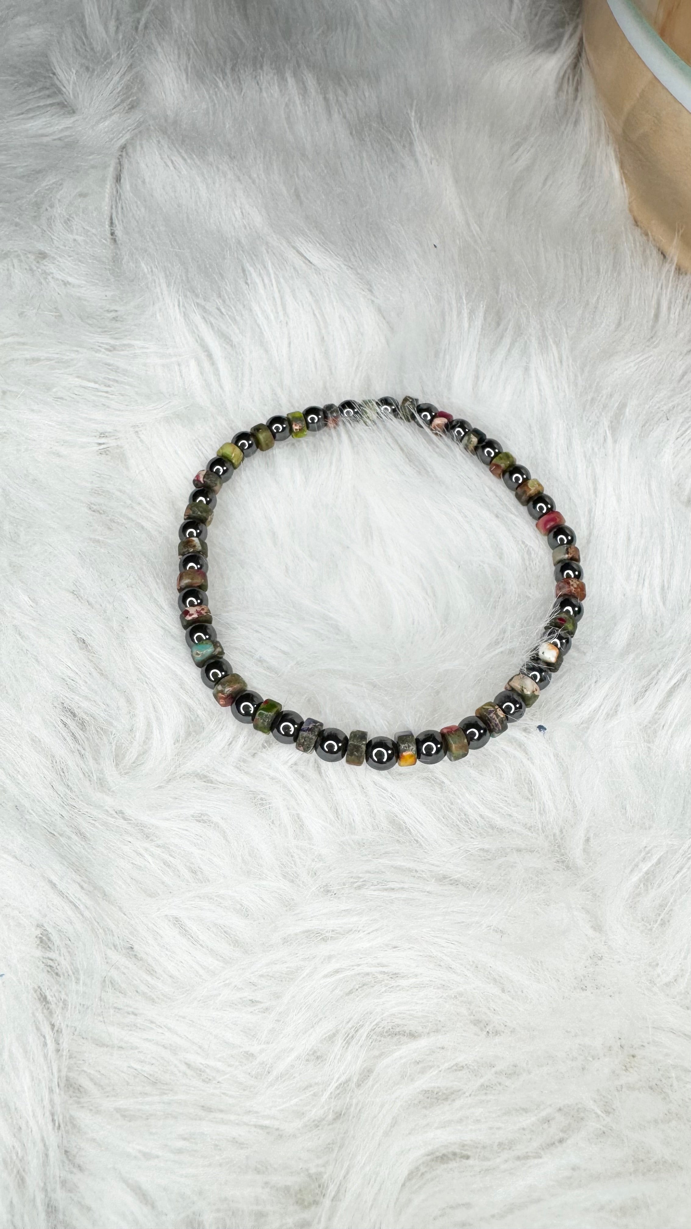 Hematite, Heishi Mardi Gras Imperial Jasper Beaded Stretch Bracelet - Tiny, Dainty – 4mm | Made to Order