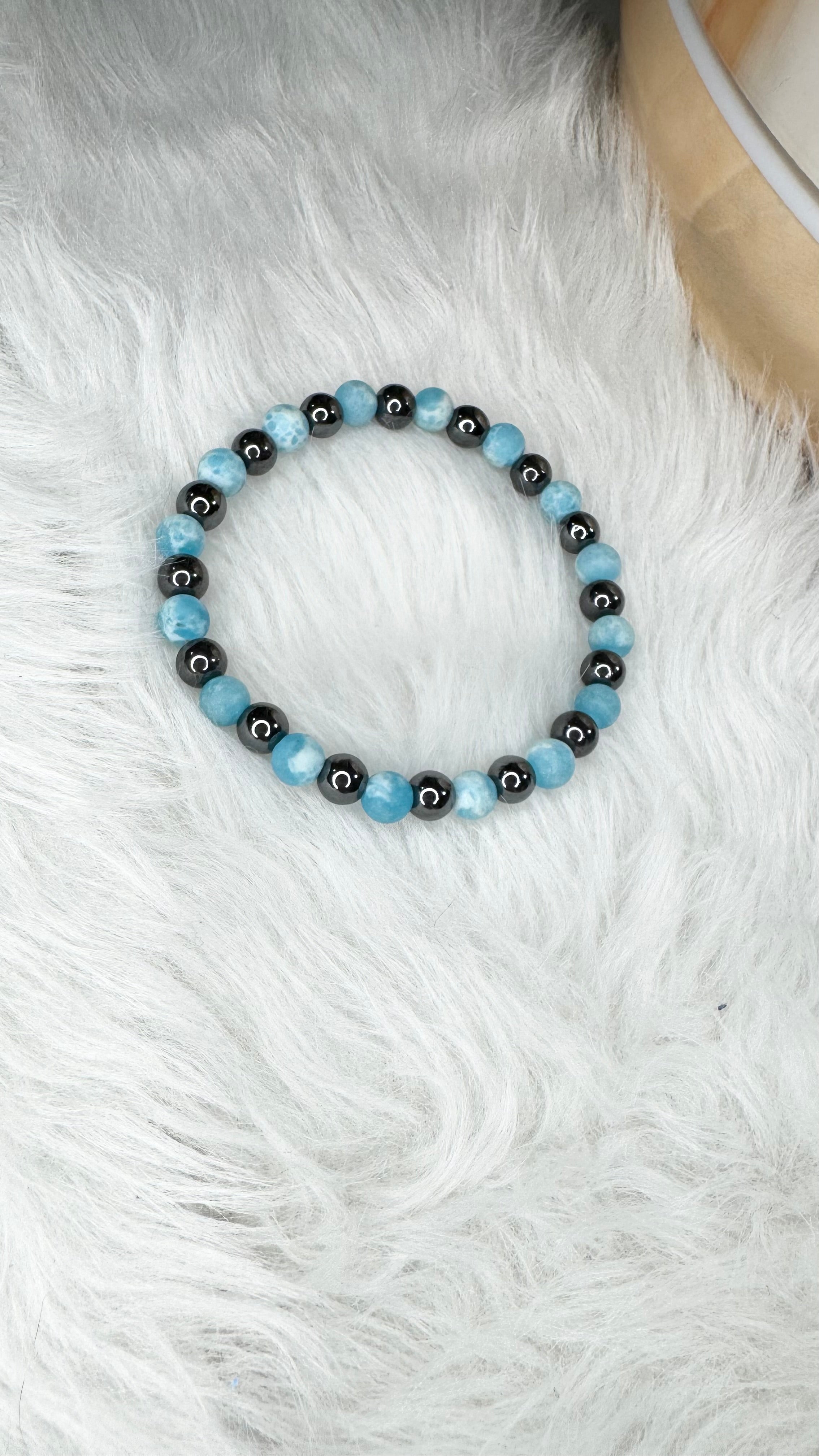 Larimar (Matte), Hematite Beaded Stretch Bracelet- 6mm | Made to Order