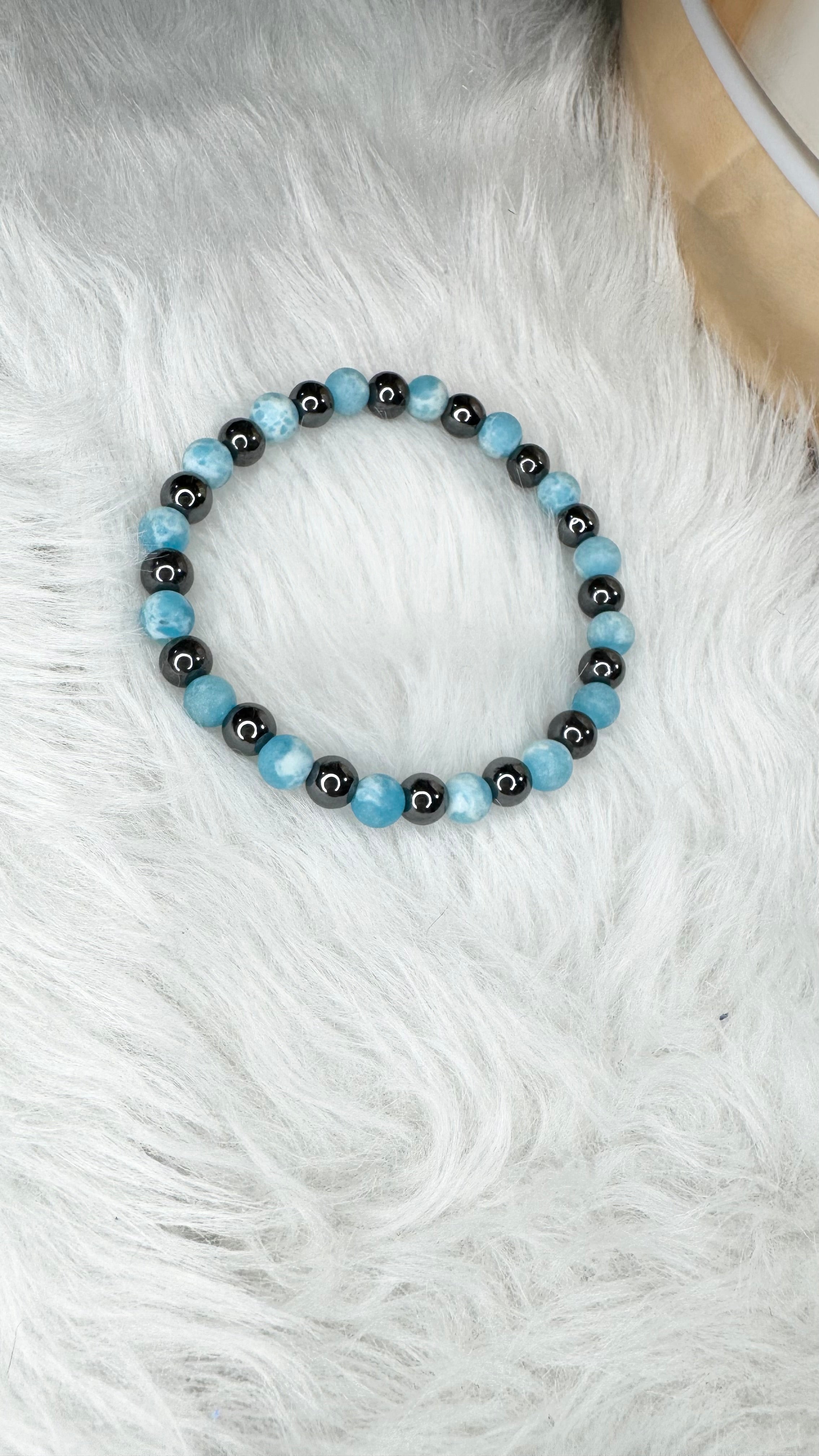 Larimar (Matte), Hematite Beaded Stretch Bracelet- 6mm | Made to Order