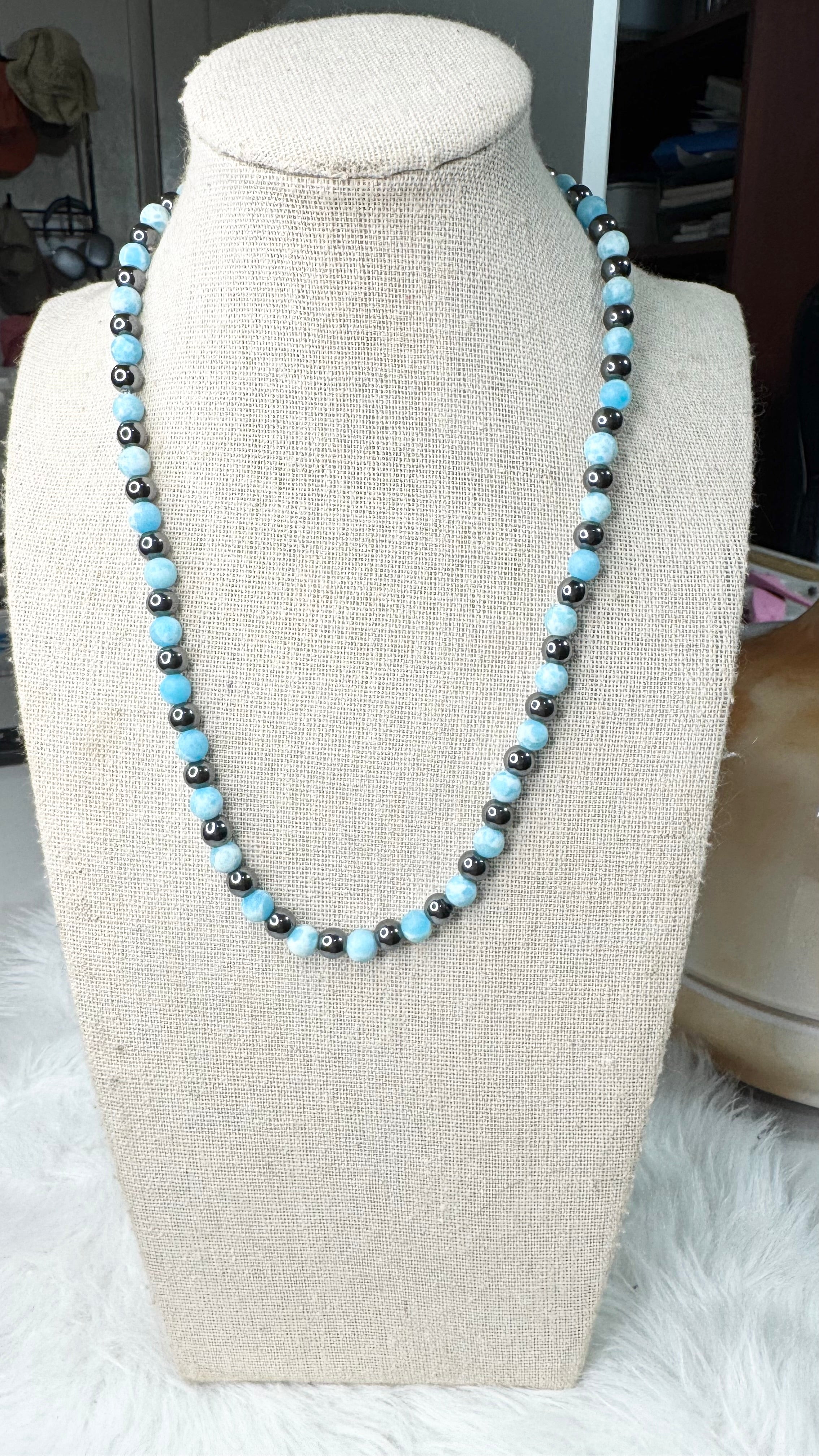 Larimar (Matte), Hematite Beaded Stretch Necklace- 6mm | Made to Order, No Clasp