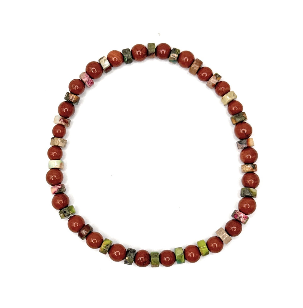 Red Jasper, Heishi Mardi Gras Imperial Jasper Beaded Stretch Bracelet - Tiny, Dainty – 4mm | Made to Order