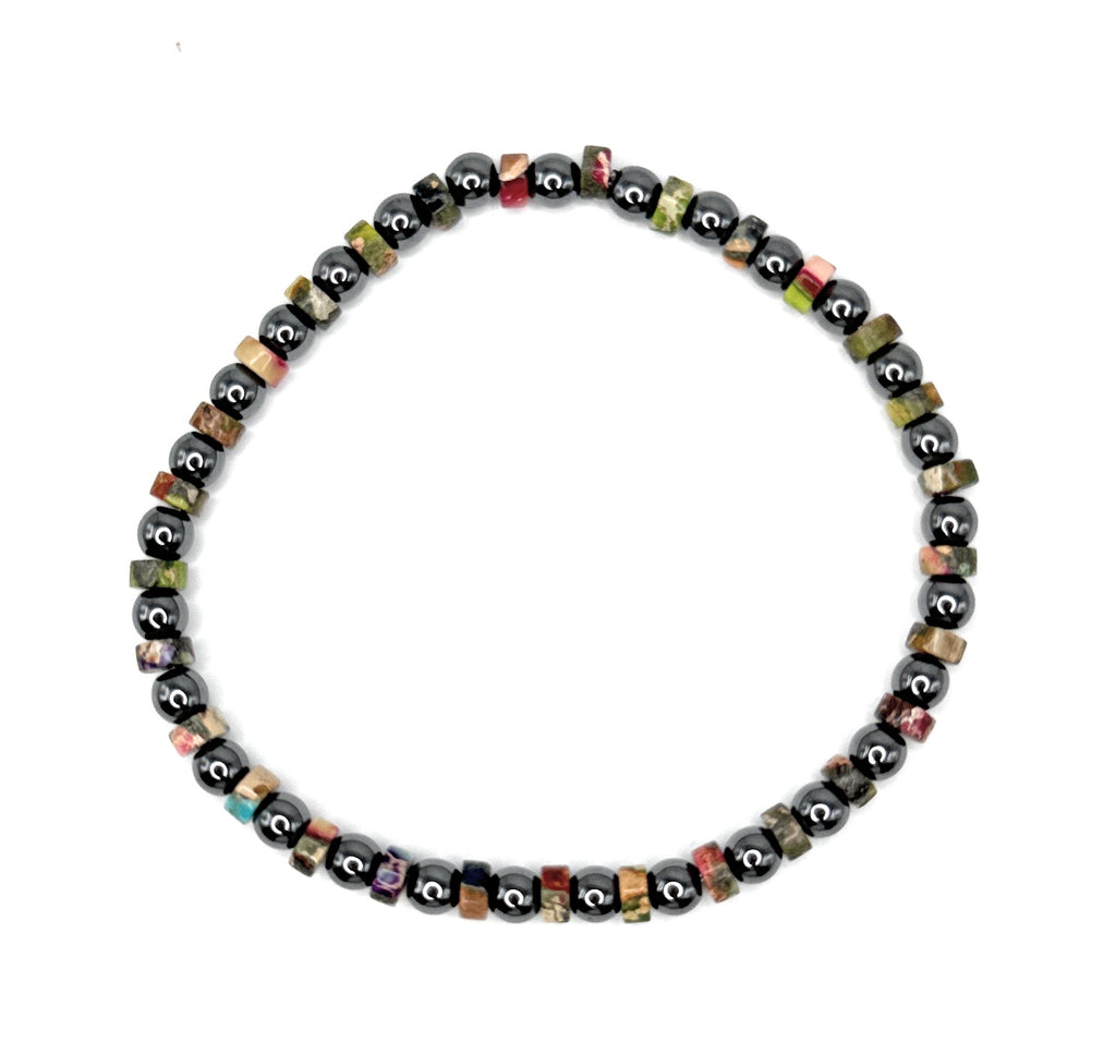 Hematite, Heishi Mardi Gras Imperial Jasper Beaded Stretch Bracelet - Tiny, Dainty – 4mm | Made to Order