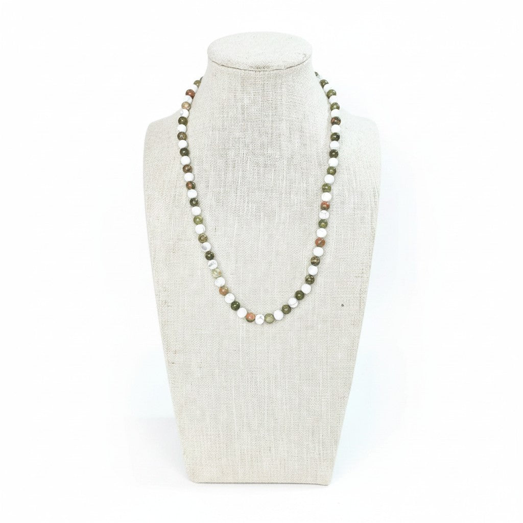 Matte Unakite + White Howlite Beaded Stretch Necklace 6mm | Harmony Balance Renewal, Healing Crystal Jewelry, Gift for Her