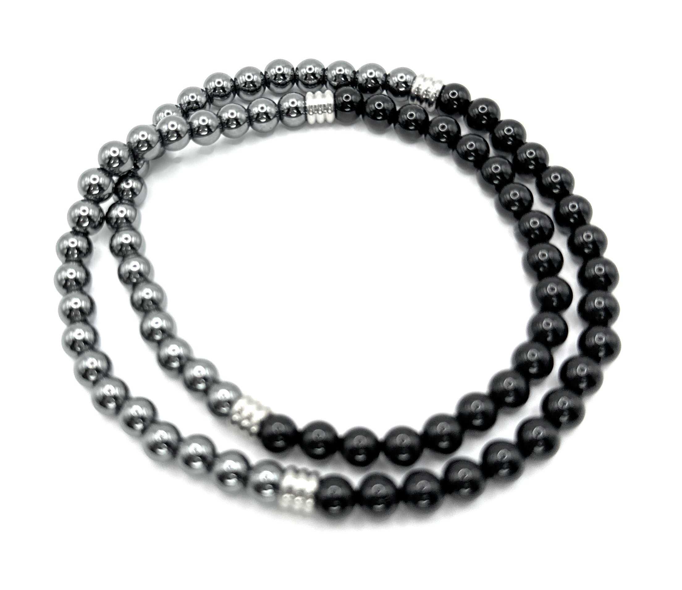 Black Onyx, Hematite Beaded Necklace – 6mm | Handmade, Stretch