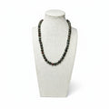 Stretch beaded necklace with dark green and black round stone beads, red specks