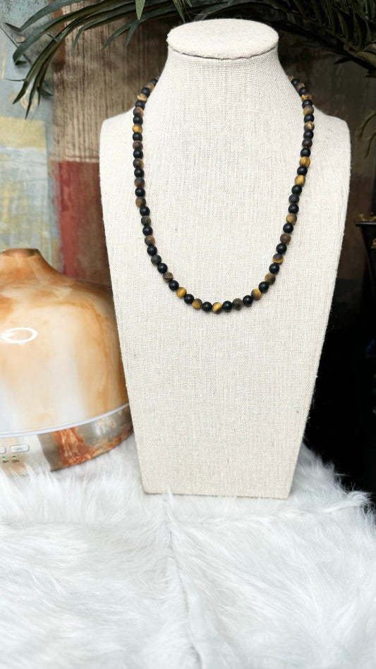 Matte Black Onyx, Matte Tiger Eye Beaded Necklace - 6mm - Shop of Small Creations, LLC