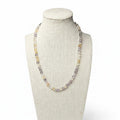 Multicolor beaded stretch necklace on mannequin, lilac, clear and amber round beads