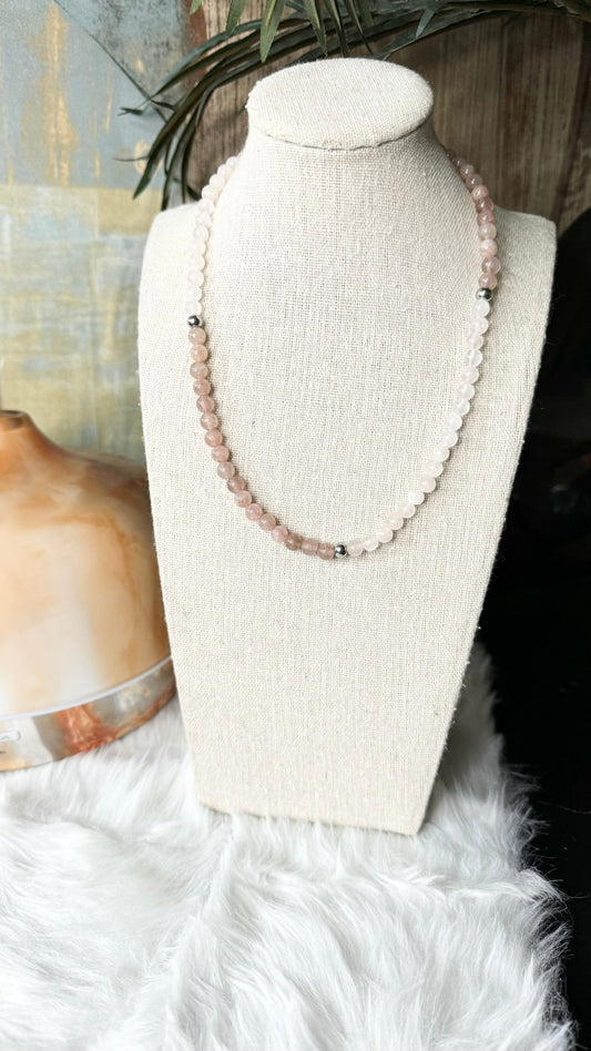 Strawberry, Rose Quartz Beaded Necklace - 6mm - Shop of Small Creations, LLC