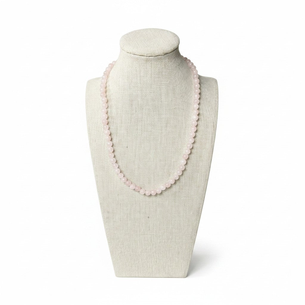 Rose quartz bead stretch necklace, pink oval beads on elastic string