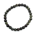 Dragon Blood Jasper beaded stretch bracelet, round green and dark red beads.