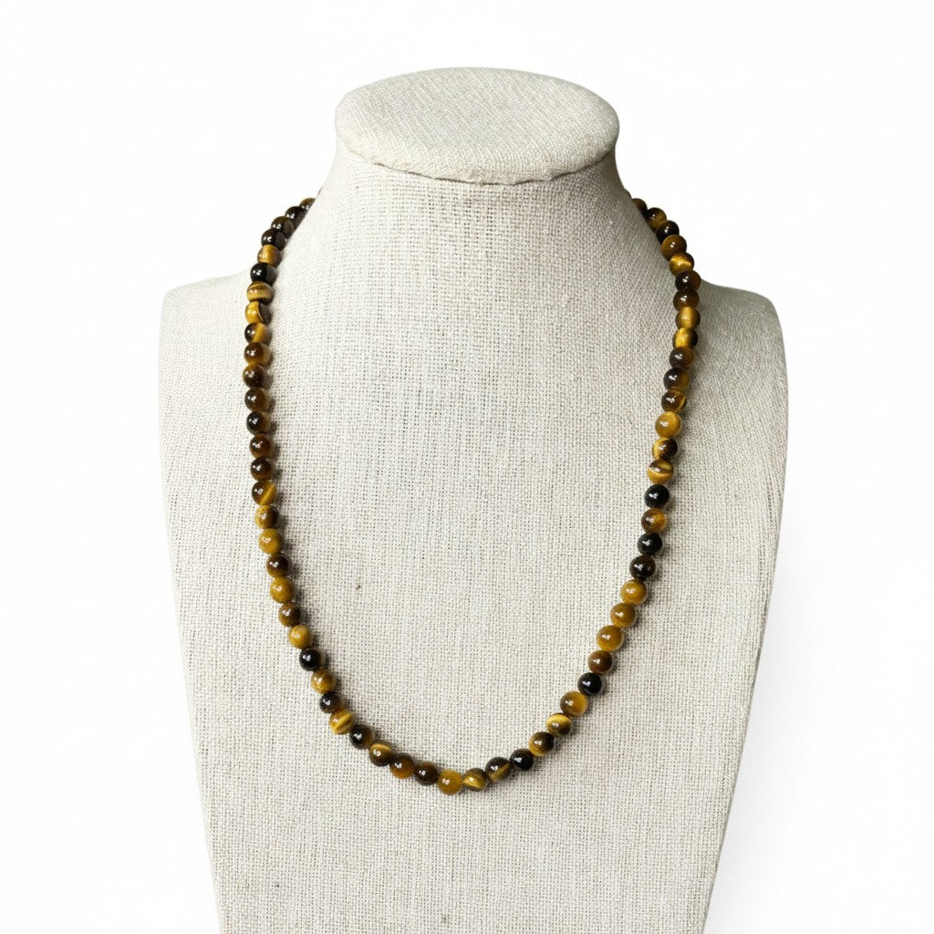 Tiger eye bead stretch necklace with round brown, amber, and black beads