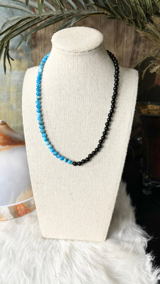 Blue Apatite, Black Onyx Beaded Necklace – 6mm - Shop of Small Creations, LLC