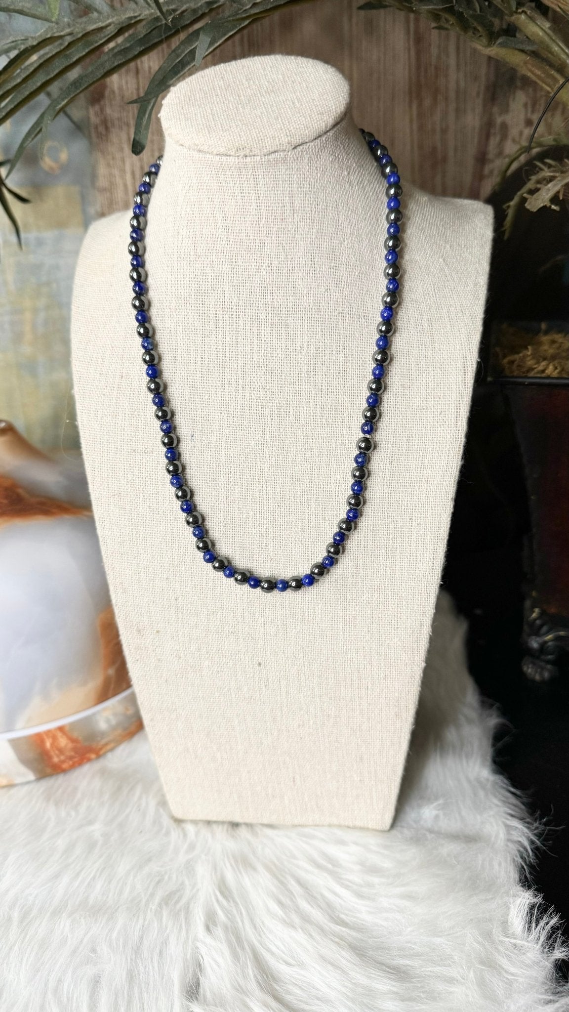 Hematite, Lapis Lazuli Beaded Necklace - 6mm, 5mm - Shop of Small Creations, LLC