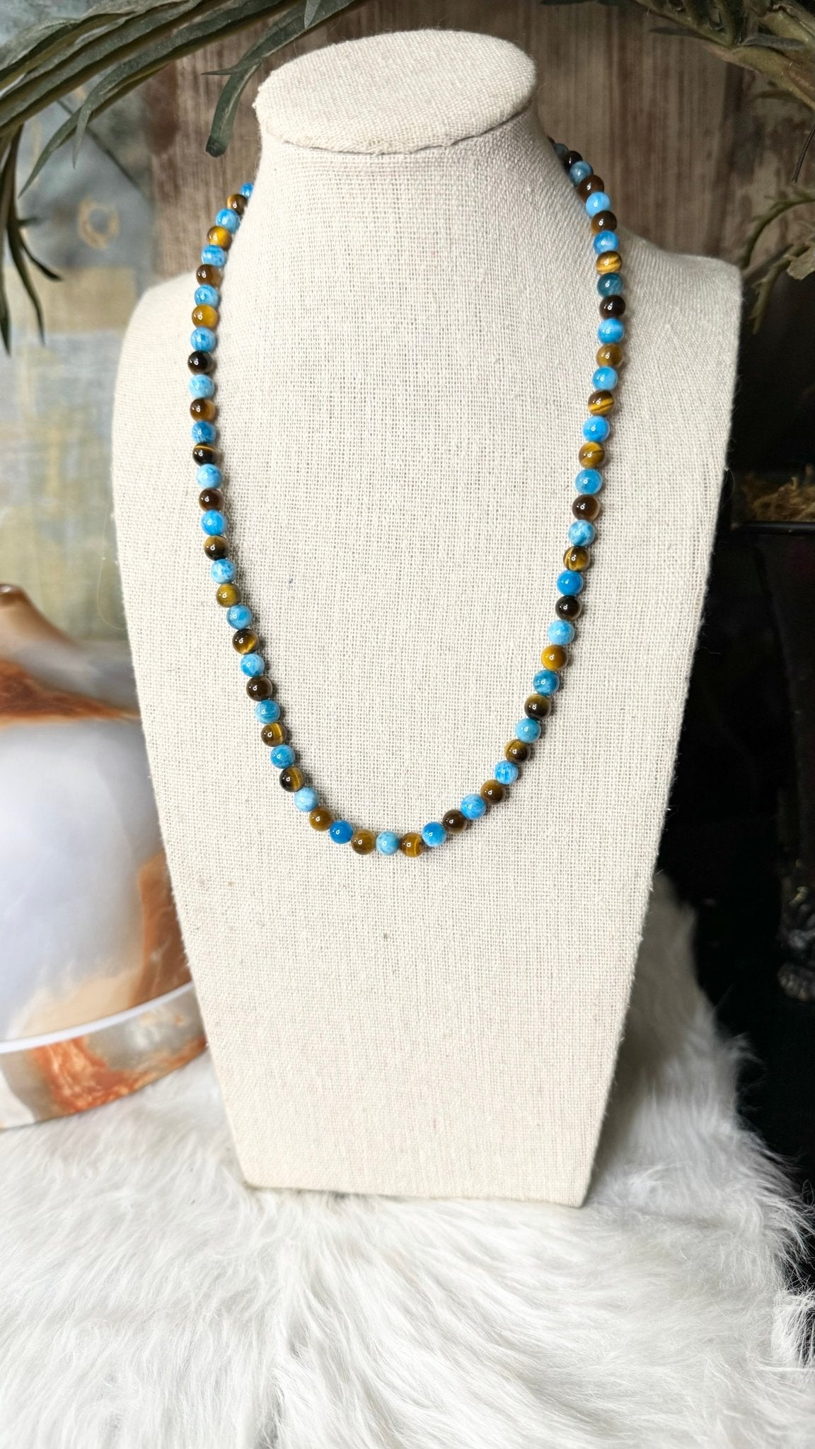 Blue Apatite, Tiger’s Eye Beaded Necklace – 6mm - Shop of Small Creations, LLC