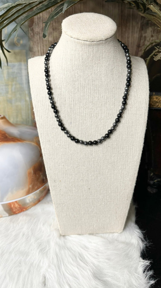 Black Tourmaline, Hematite Beaded Necklace - 6mm - Shop of Small Creations, LLC