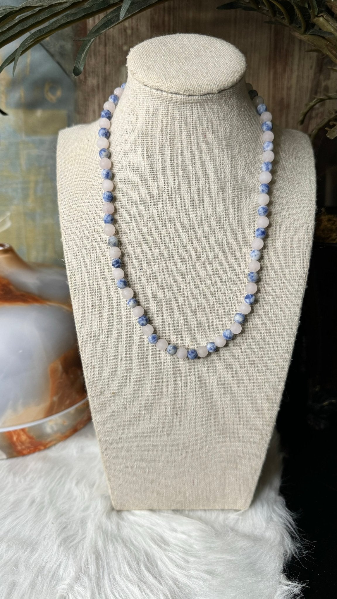 Matte Rose Quartz, Brazil Sodalite Beaded Necklace – 6mm - Shop of Small Creations, LLC