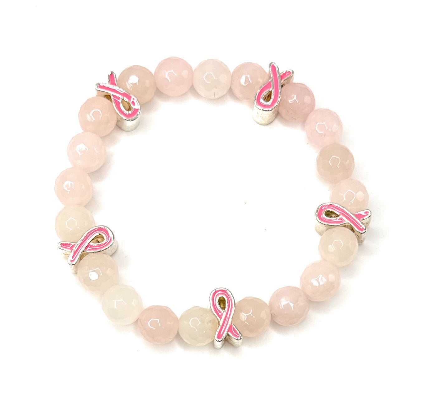 Faceted Rose Quartz Beaded Bracelet with Breast Cancer Charm - 8mm - Shop of Small Creations, LLC