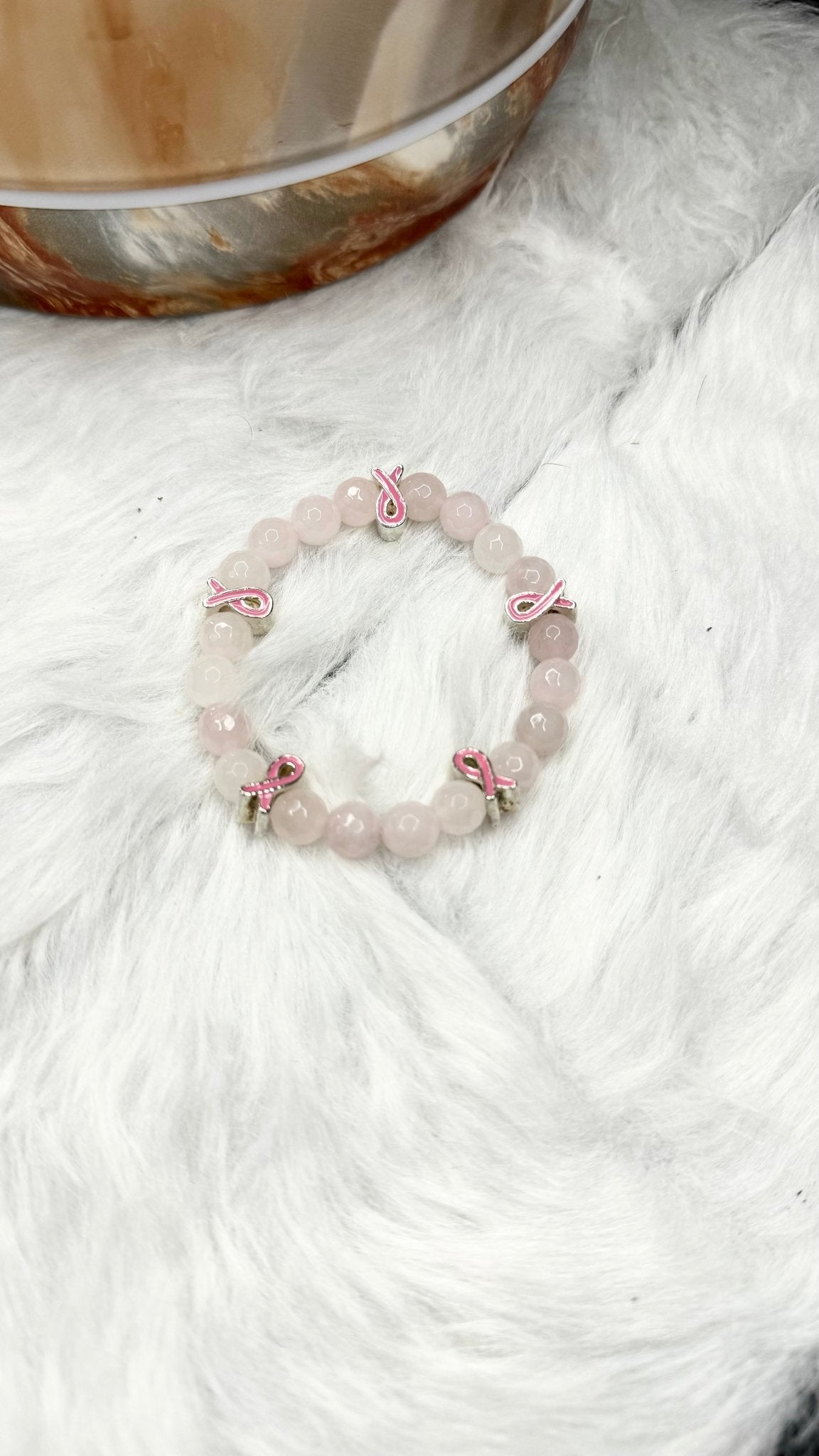 Faceted Rose Quartz Beaded Bracelet with Breast Cancer Charm - 8mm - Shop of Small Creations, LLC