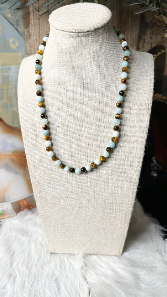 Amazonite, Tiger Eye Beaded Necklace - 6mm | Handmade, Stretch - Shop of Small Creations, LLC