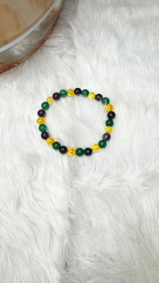 Mardi Gras Colors - Emerald Green Quartz, Citrine, Amethyst Bracelet - 6mm | Handmade, Stretch