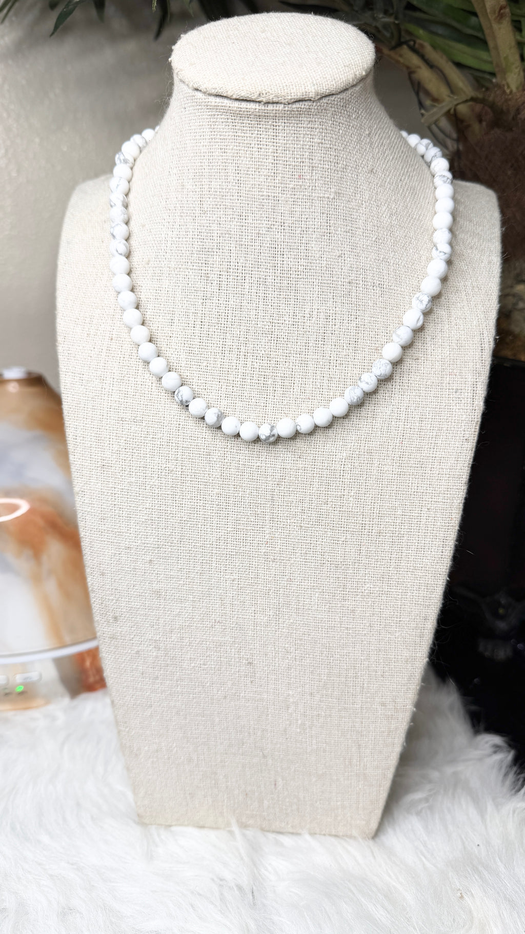 Matte White Howlite Beaded Necklace- 6mm | Handmade, Stretch