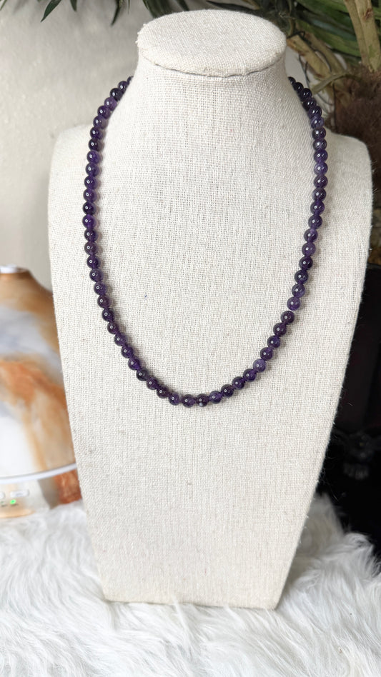 Amethyst Beaded Necklace – 6mm | Handmade, Stretch