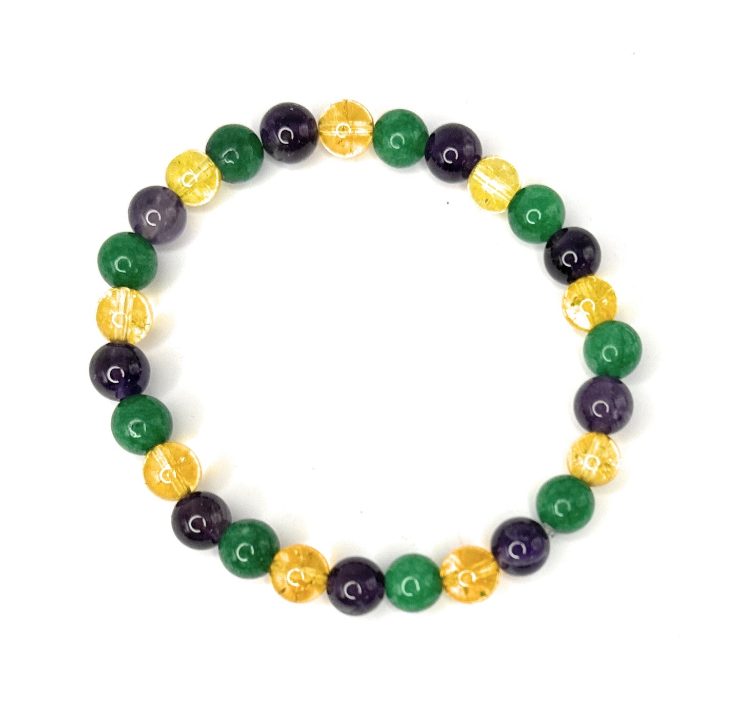 Mardi Gras Colors - Emerald Green Quartz, Citrine, Amethyst Bracelet - 6mm | Handmade, Stretch